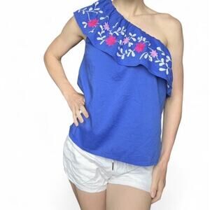 NWT LOFT One Shoulder Floral Embroidered Boho Blue Top Blouse Size S